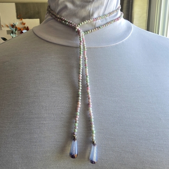 Elegant Multicolor Beaded Stone Lariat Necklace Purple Green Pink - Picture 4 of 9
